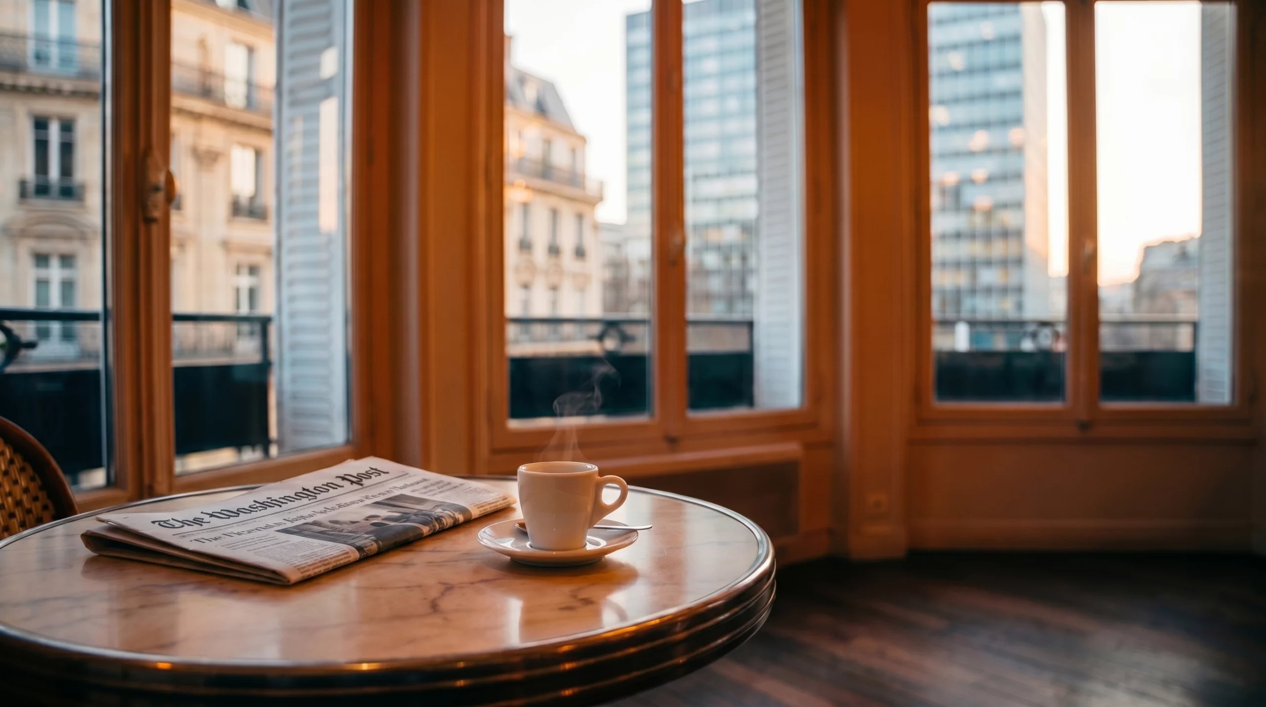 Tasse de café fumante et exemplaire du Washington Post posés sur un guéridon devant une fenêtre parisienne au lever du jour
