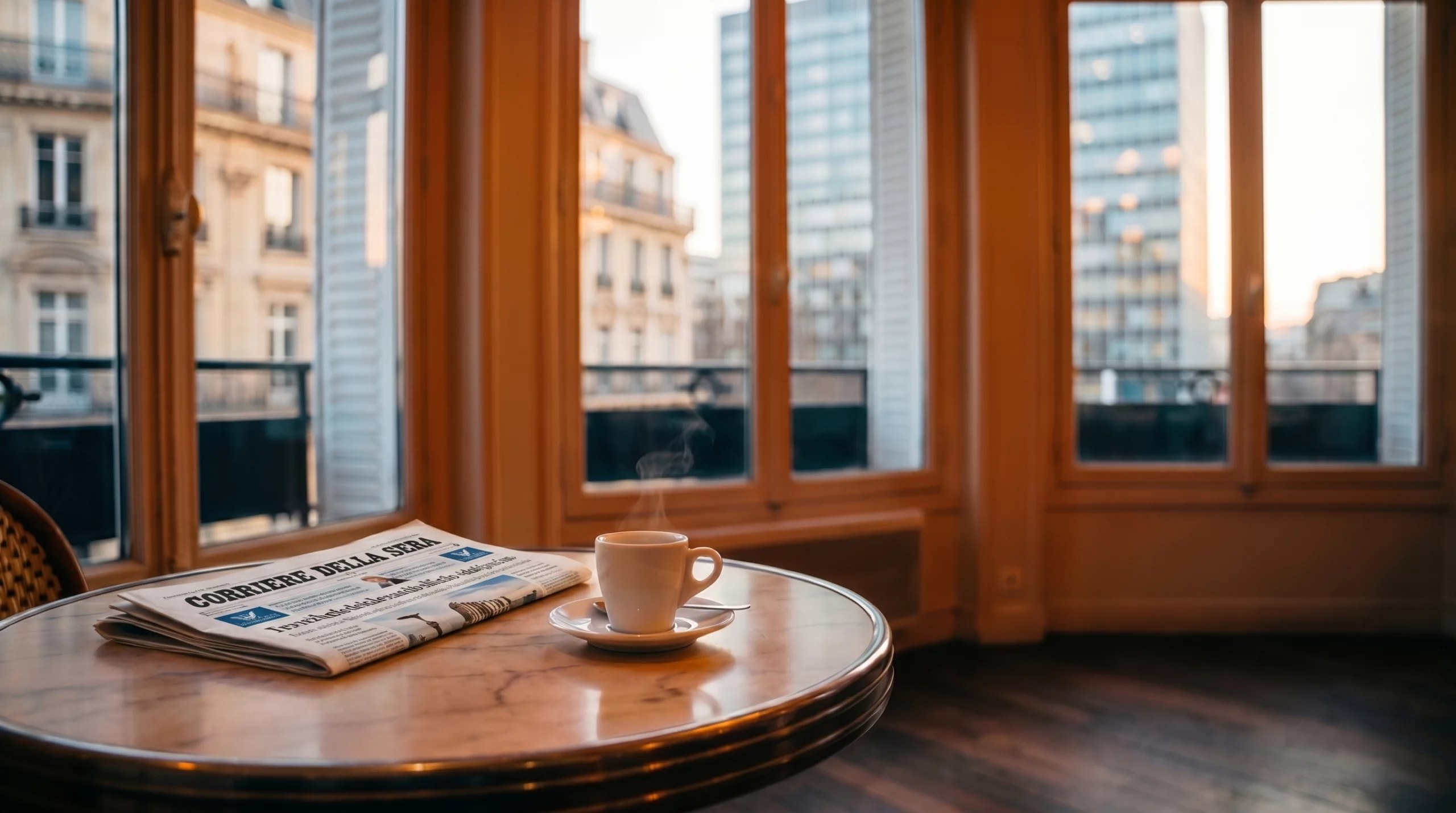 Tasse de café et exemplaire du Corriere della Sera posés sur une table de café devant une fenêtre au lever du jour