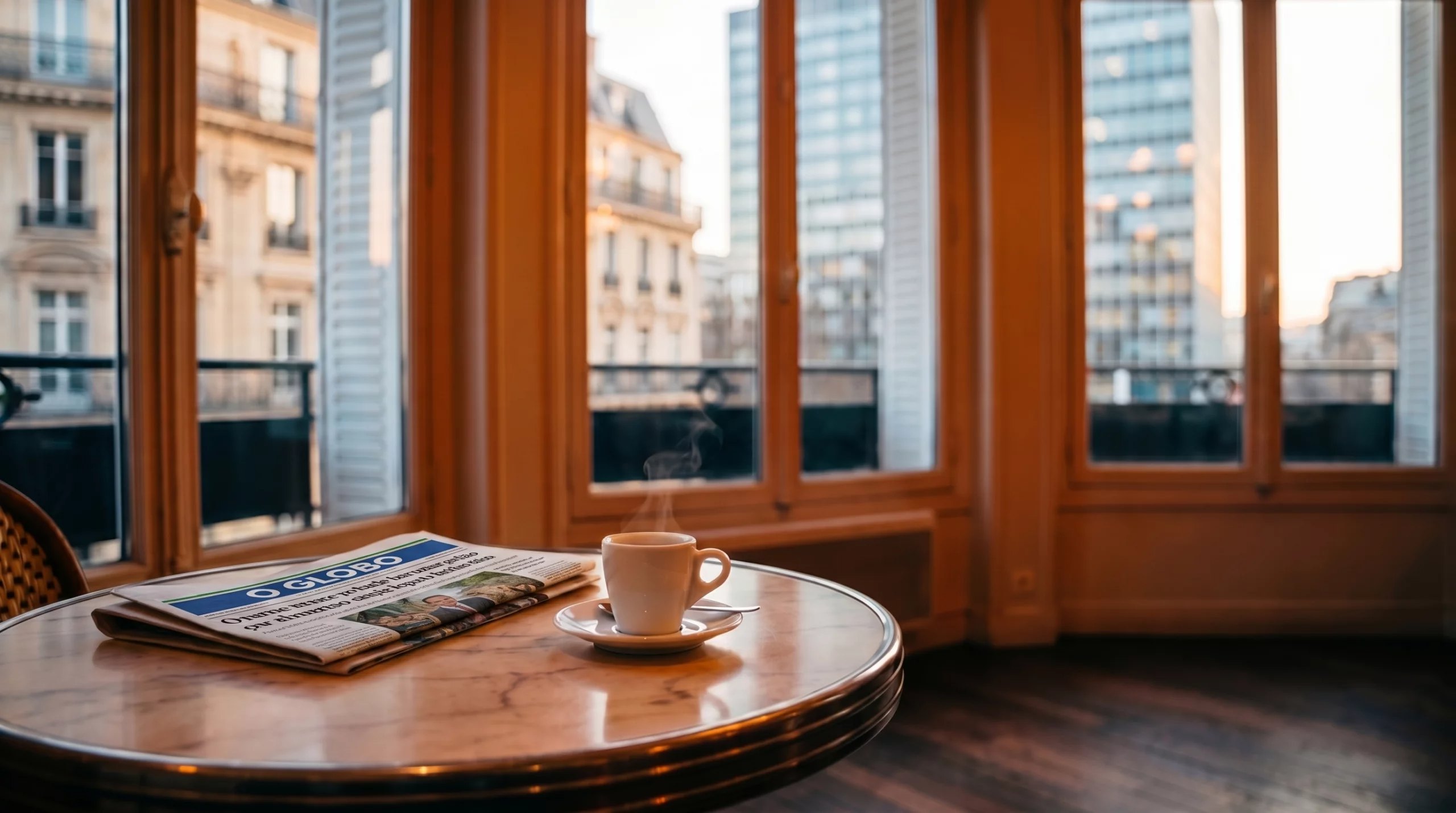 Tasse de café et exemplaire d’O Globo posés sur une table de café devant une fenêtre au lever du jour