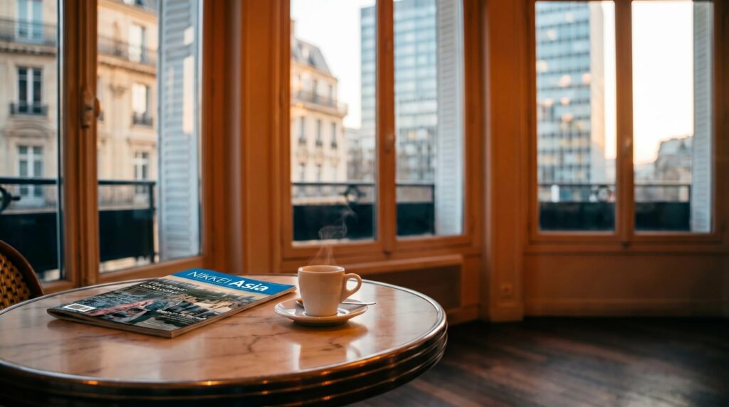 Café parisien table marbre tasse expresso et magazine Nikkei Asia, vue Haussmann, Le Morning Café Decaux Assurances Édition n°2