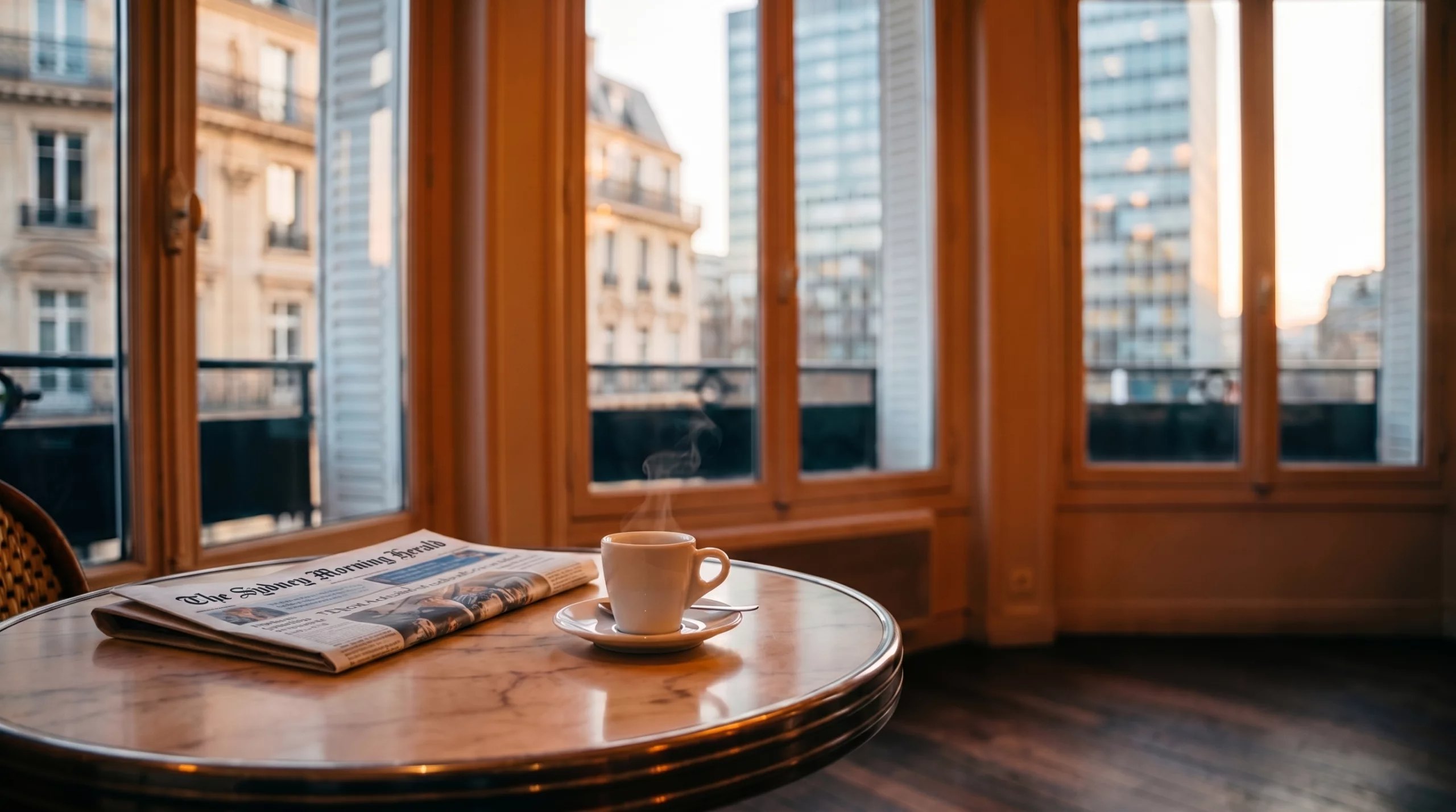 Tasse de café et exemplaire du Sydney Morning Herald posés sur une table de café devant une fenêtre au lever du jour