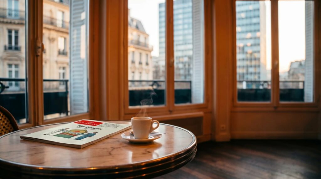 Tasse de café fumante et magazine The Economist sur table de marbre dans café parisien — photo hero Morning Café Decaux Assurances