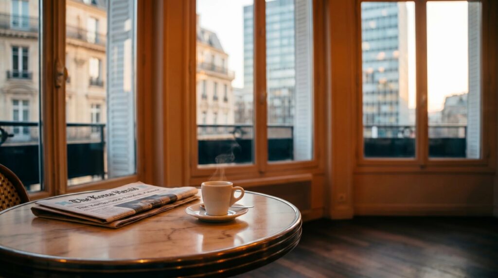 Tasse de café fumante et journal Korea Herald sur table de marbre dans café parisien — photo hero Morning Café Decaux Assurances