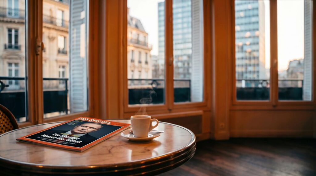 Tasse de café et exemplaire du Spiegel posés sur une table de café devant une fenêtre au lever du jour