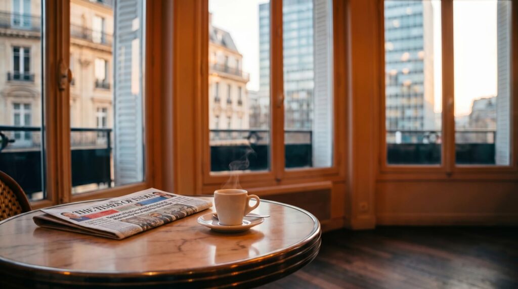 Tasse de café et exemplaire du Times of India posés sur une table de café devant une fenêtre au lever du jour