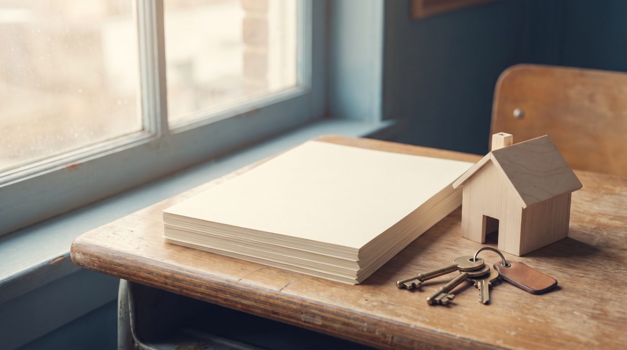Dossier de prêt immobilier, clés et maquette de maison sur un bureau