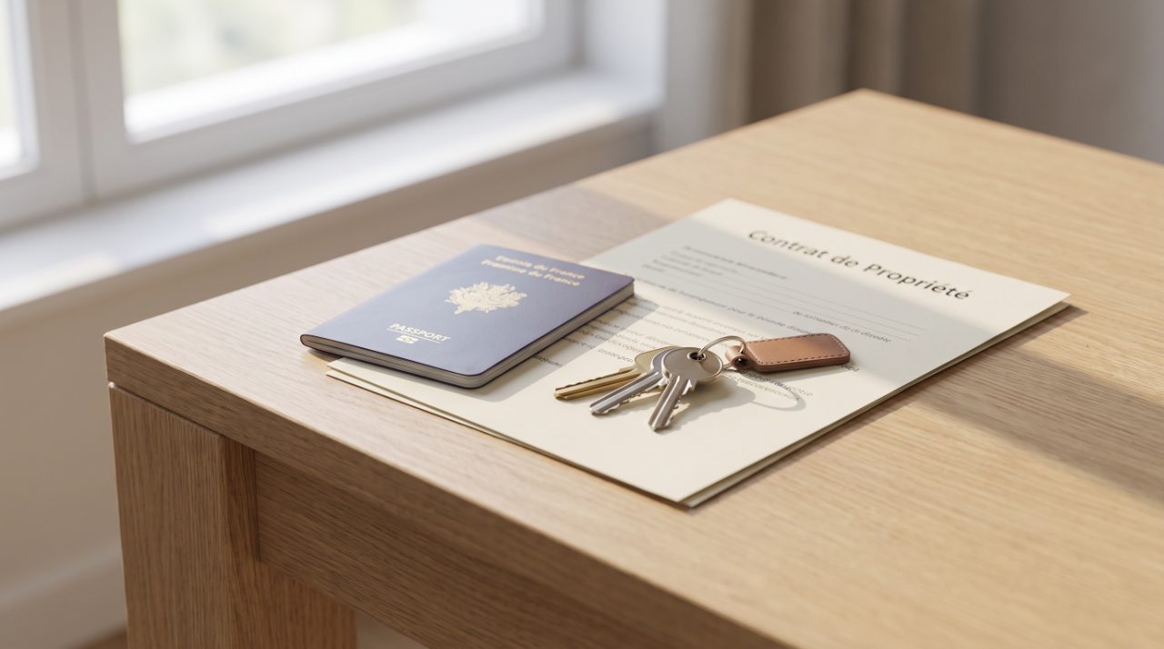 Passeport, clés et dossier de prêt immobilier pour un emprunteur expatrié