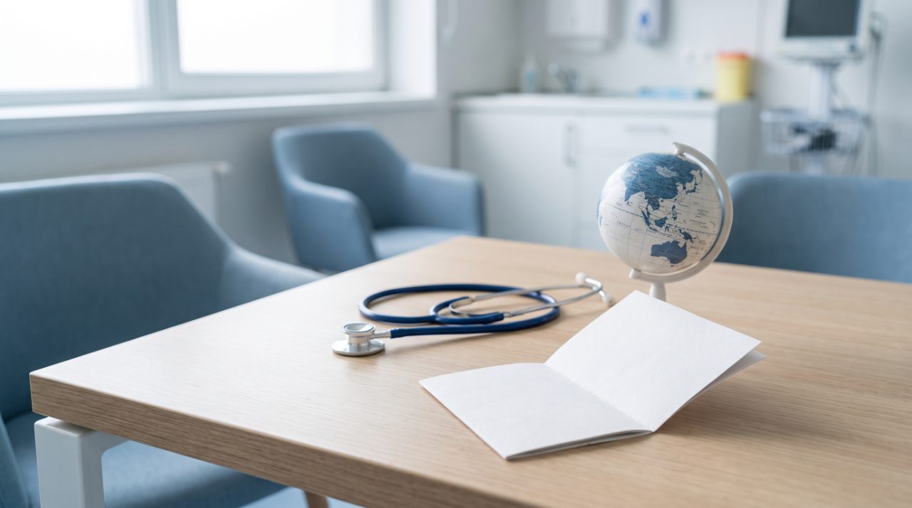 Stéthoscope et globe sur un bureau, santé internationale des expatriés