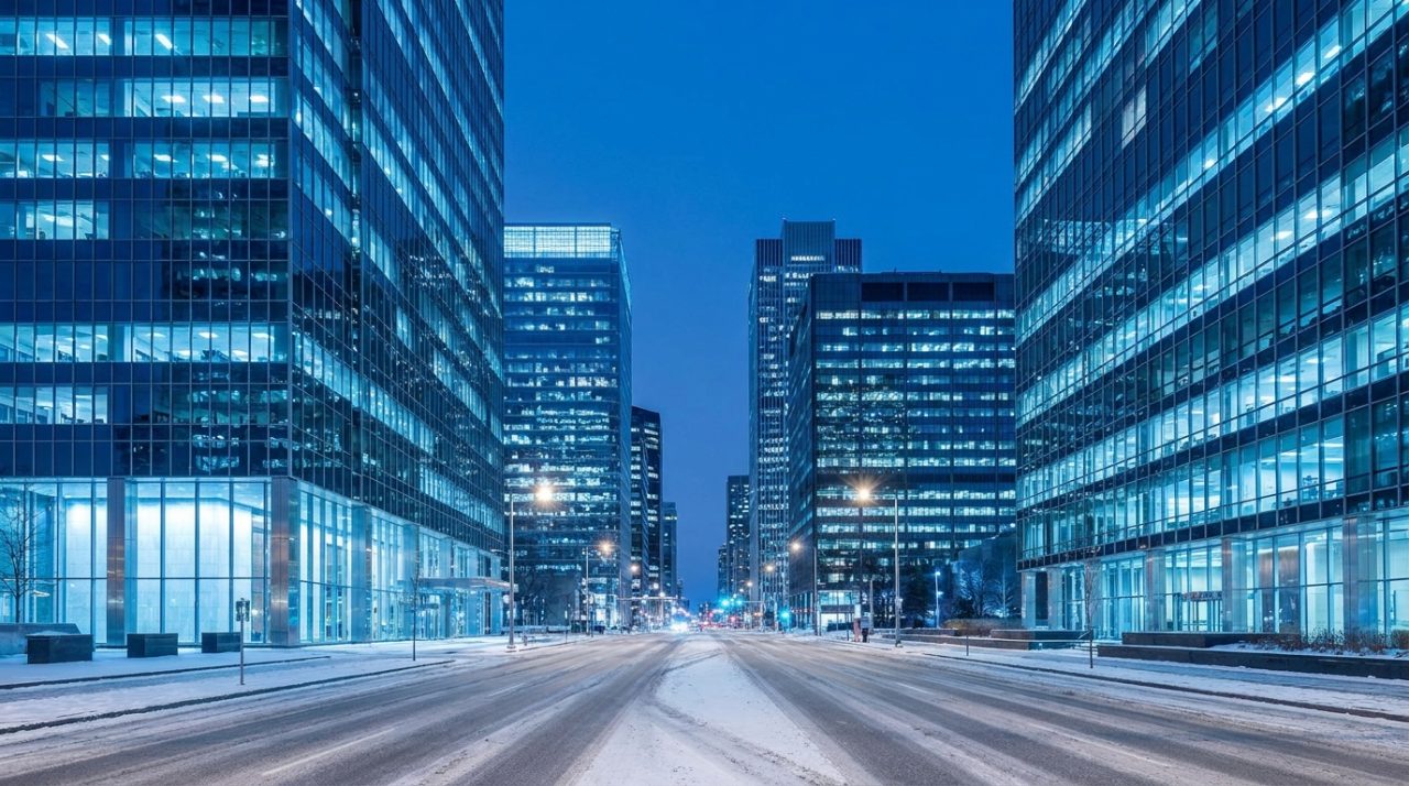 Centre-ville nord-américain à l'heure bleue, expatriés aux États-Unis et au Canada