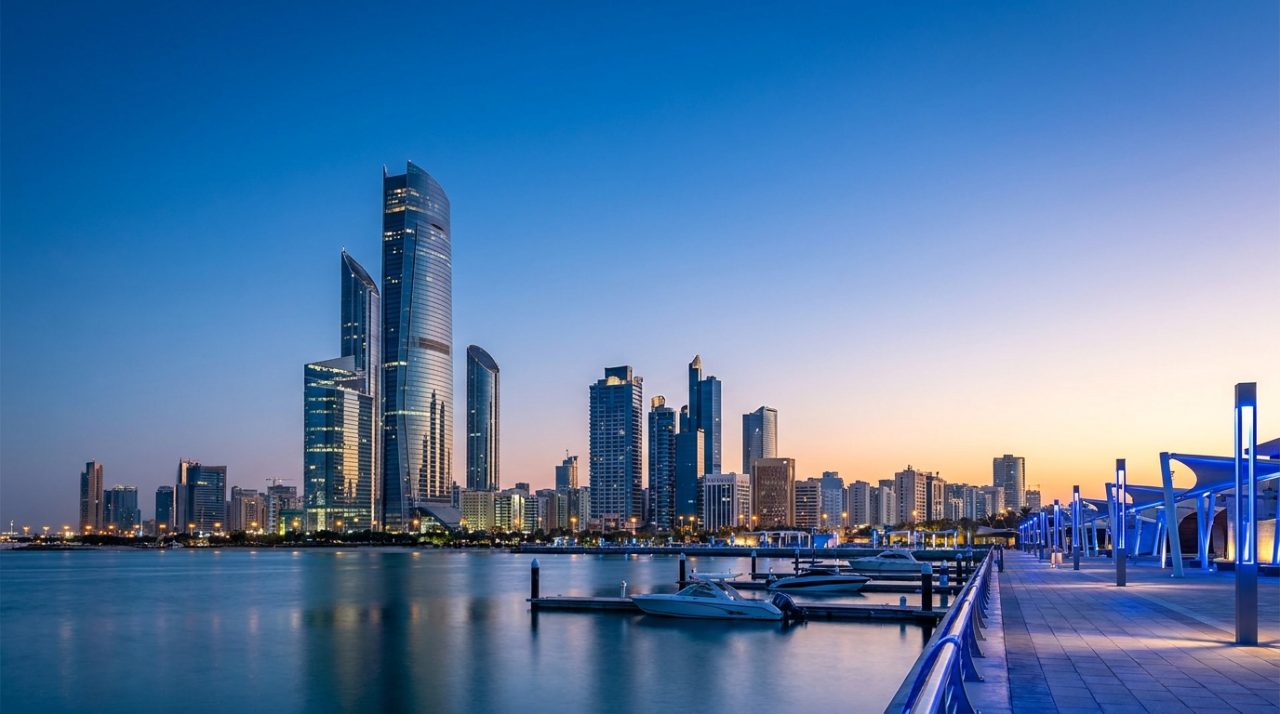 Skyline d'une ville du Golfe au crépuscule, expatriés au Moyen-Orient