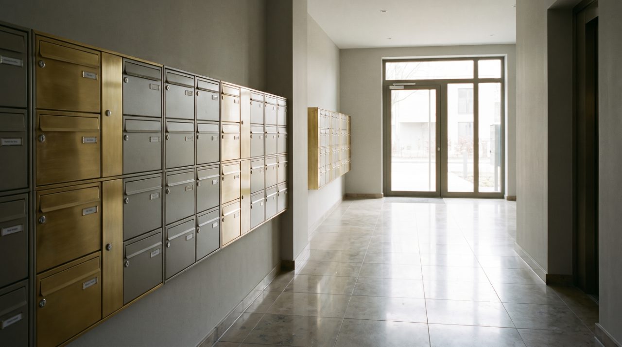 Hall d'immeuble et boîtes aux lettres, parties communes d'une copropriété