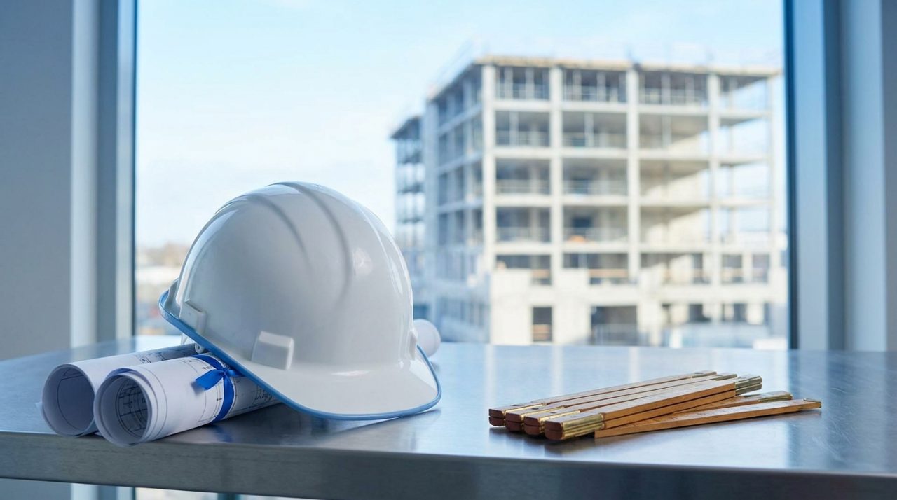 Casque de chantier et plans roulés