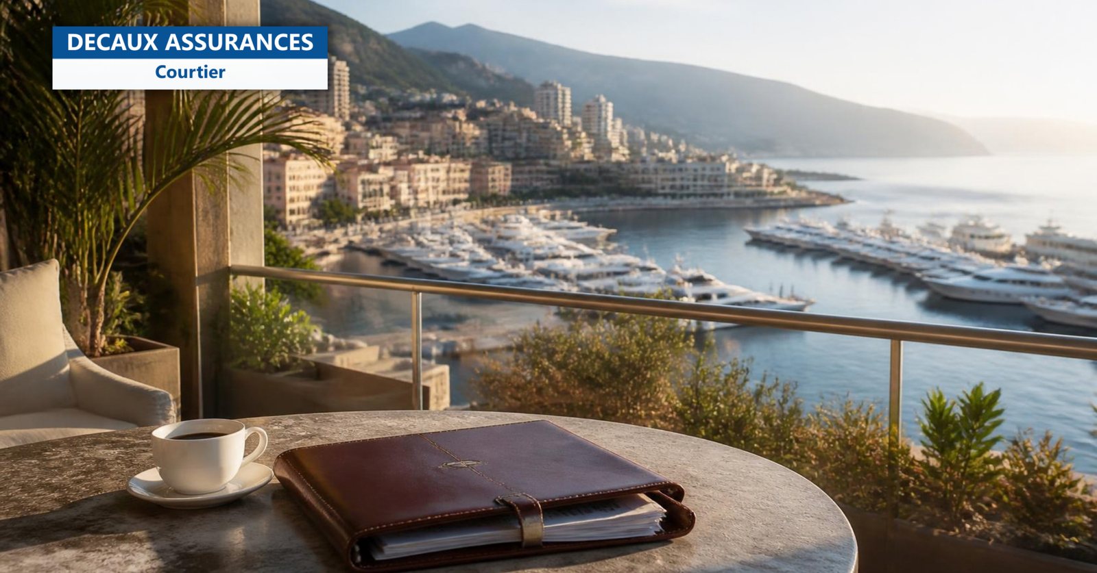 Terrasse face à un port méditerranéen au lever du soleil avec dossier et café - Decaux Assurances