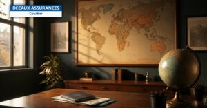 Agence de voyages boutique avec carte du monde, passeport et globe - Decaux Assurances