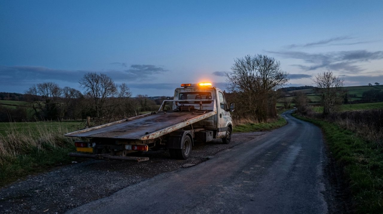 Camion de dépannage sur le bas-côté au crépuscule