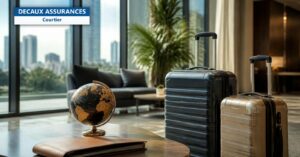 Hall d'entreprise avec valises, dossier et globe - Decaux Assurances