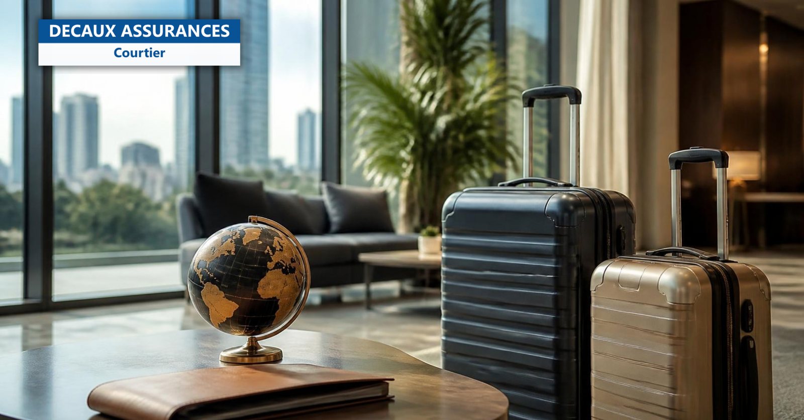 Hall d'entreprise avec valises, dossier et globe - Decaux Assurances