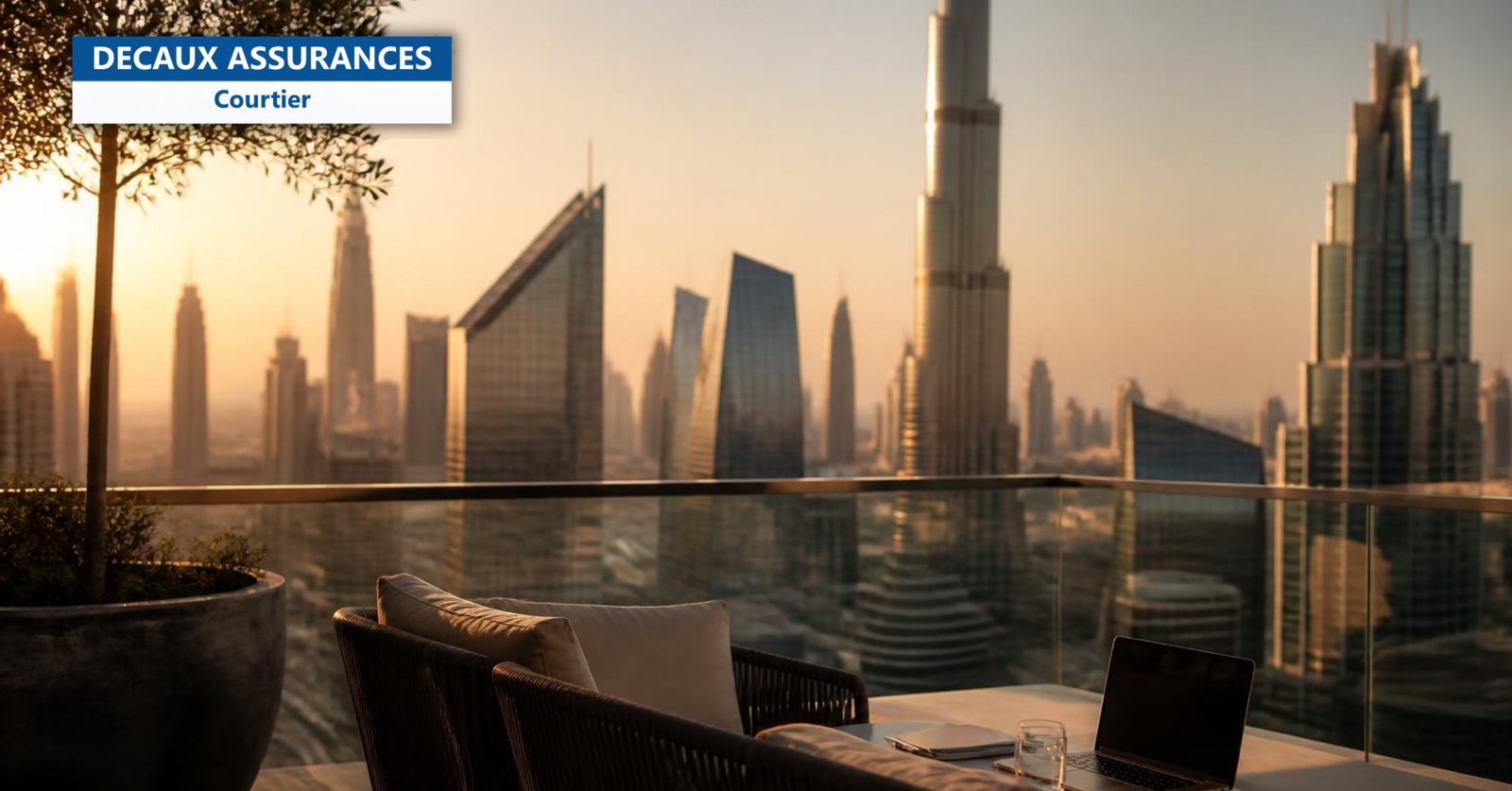 Skyline du quartier d'affaires de Dubaï depuis un rooftop à l'heure dorée - Decaux Assurances