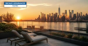Skyline de Manhattan et Hudson depuis un rooftop à l'heure dorée - Decaux Assurances