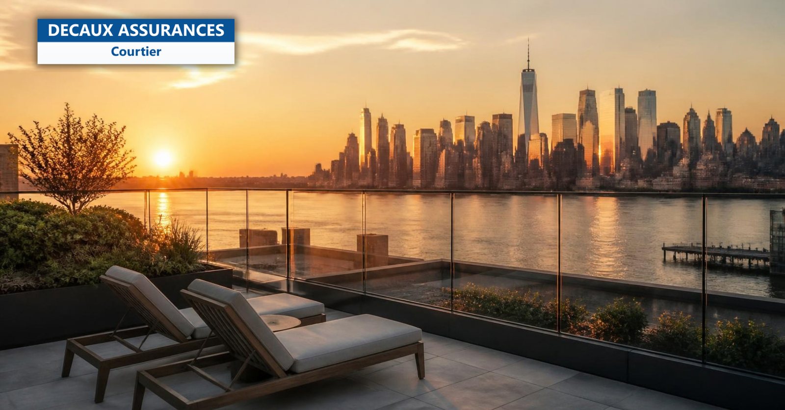 Skyline de Manhattan et Hudson depuis un rooftop à l'heure dorée - Decaux Assurances