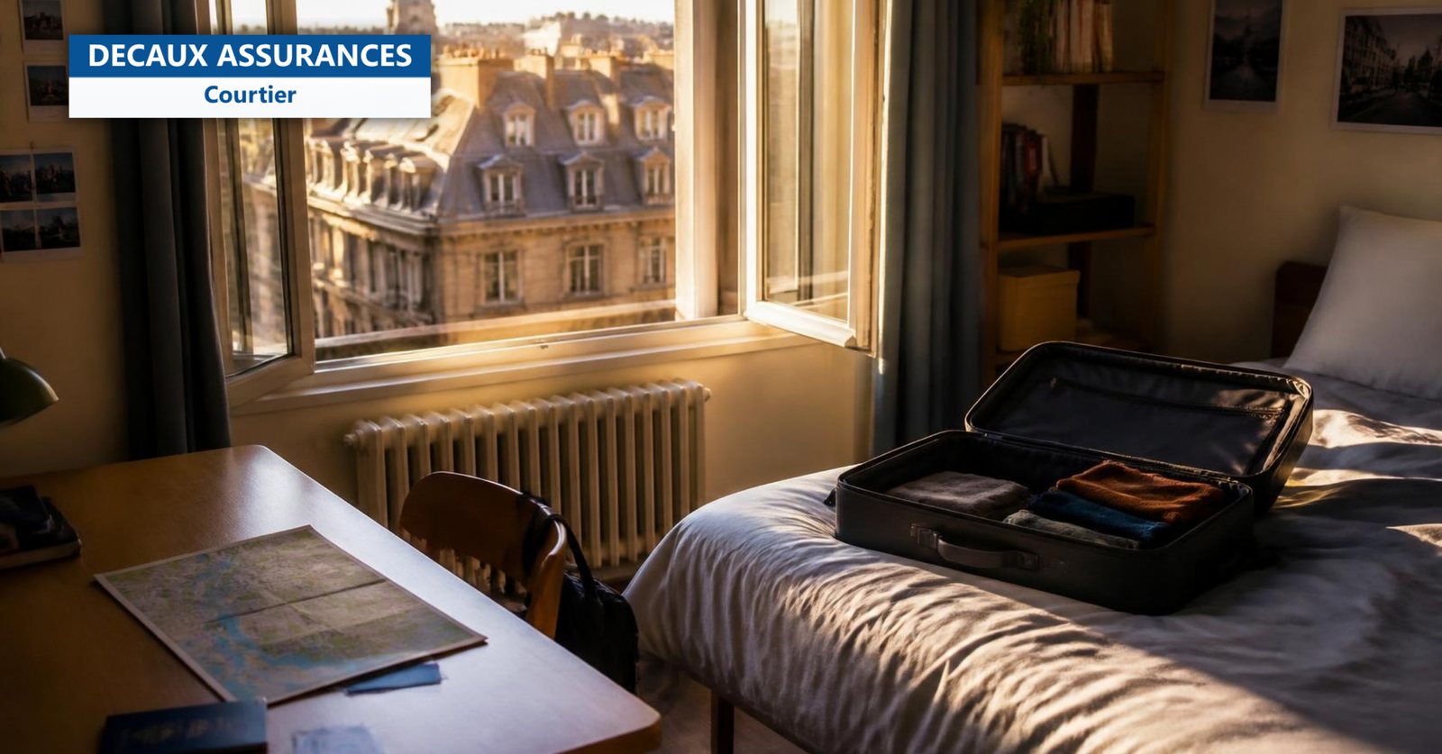 Chambre d'étudiant avec valise, passeport et carte européenne - Decaux Assurances
