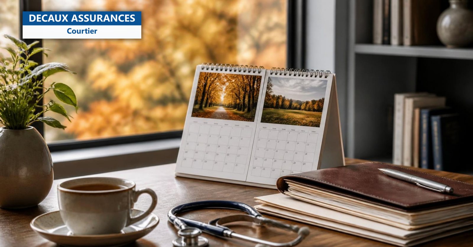 Bureau avec calendrier, stéthoscope et dossiers d'assurance - arrêt maladie et prévoyance - Decaux Assurances