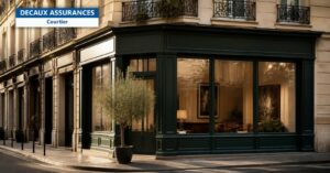 Façade élégante d'une agence immobilière parisienne sans enseigne au rez-de-chaussée d'un immeuble haussmannien, sans personne - garantie financière agent immobilier, CIF et courtier - Decaux Assurances courtier ORIAS Neuilly-sur-Seine