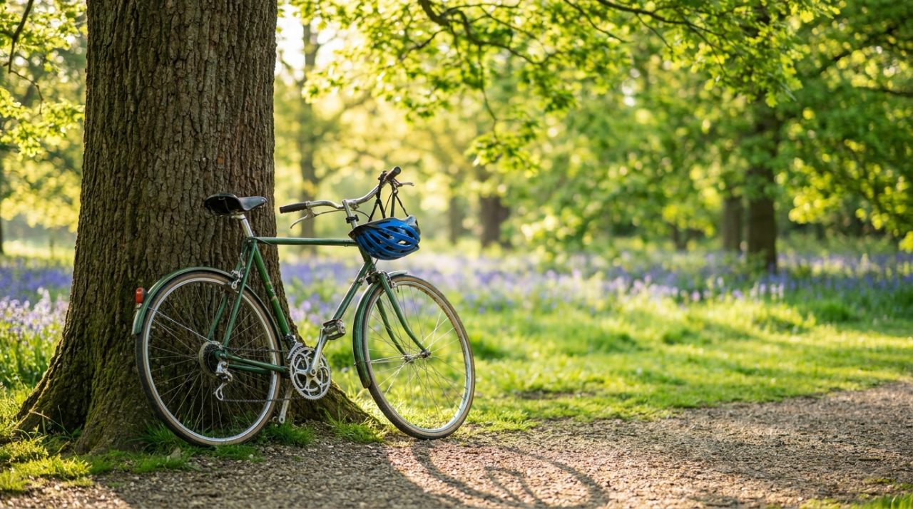 Vélo et casque sur un chemin de parc