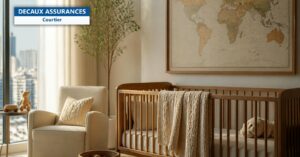 Chambre de bébé lumineuse avec berceau en bois et carte du monde - Decaux Assurances