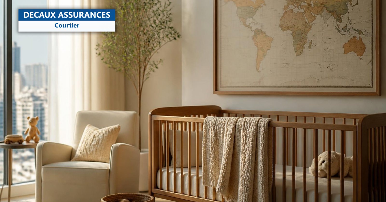 Chambre de bébé lumineuse avec berceau en bois et carte du monde - Decaux Assurances
