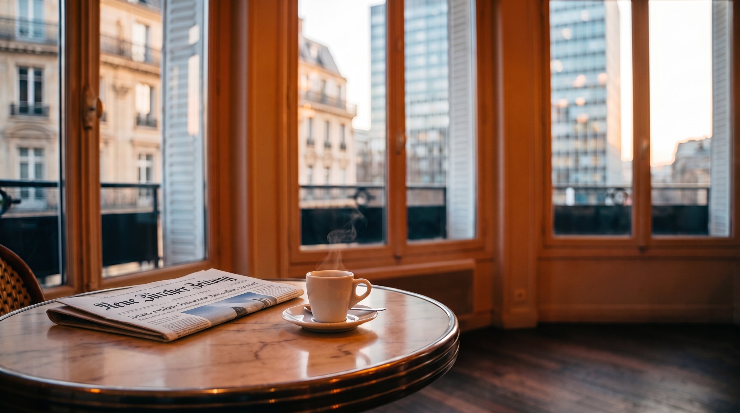 Tasse de café et exemplaire de la Neue Zürcher Zeitung posés sur une table de café devant une fenêtre au lever du jour