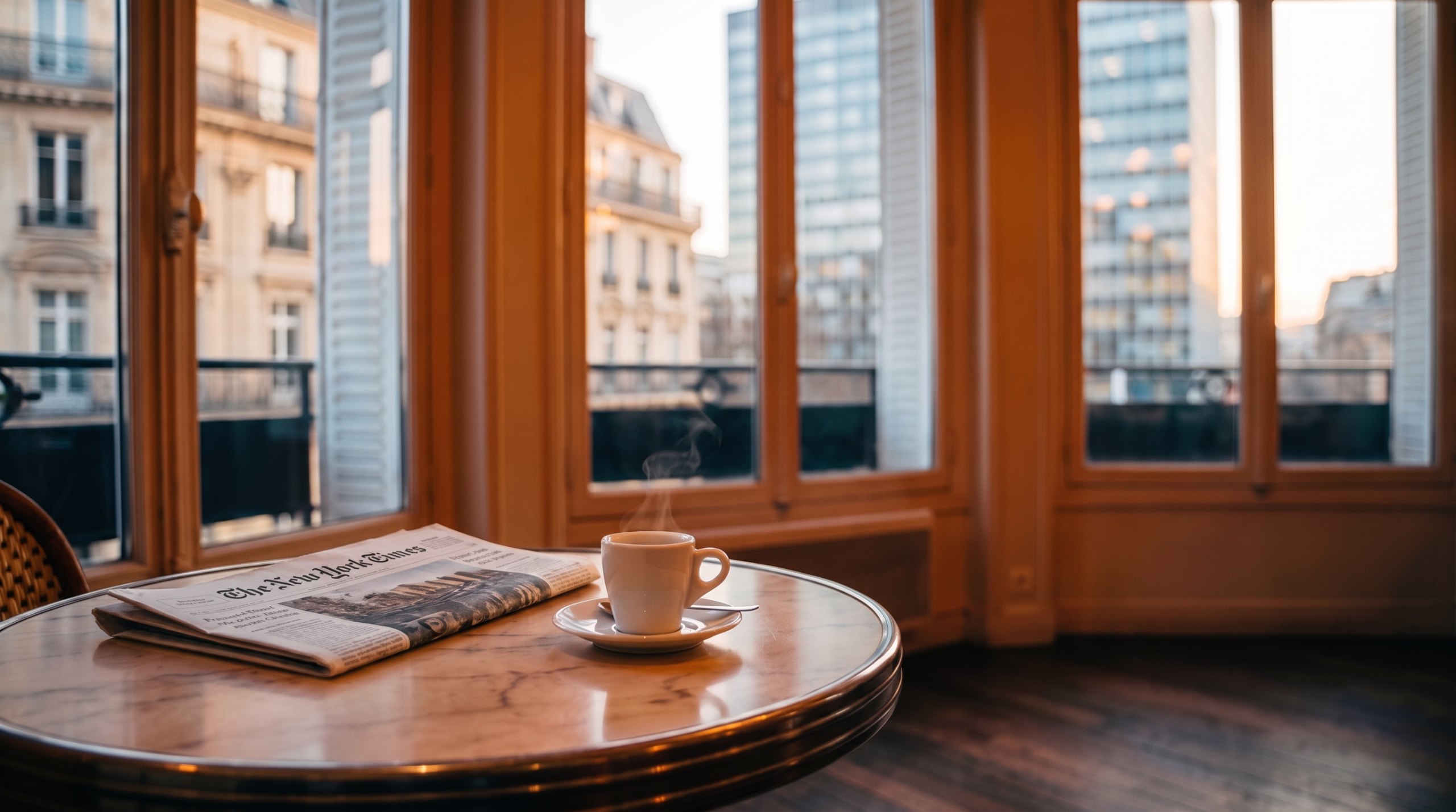 Tasse de café et exemplaire du New York Times posés sur une table de café devant une fenêtre au lever du jour