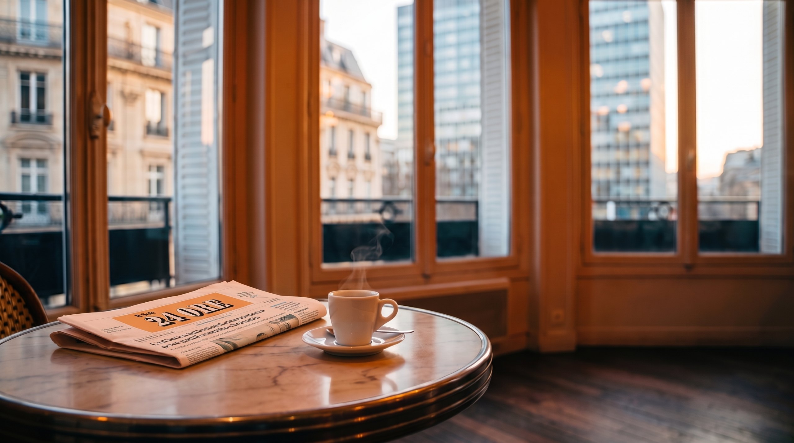 Tasse de café et exemplaire du Sole 24 Ore posés sur une table de café devant une fenêtre au lever du jour