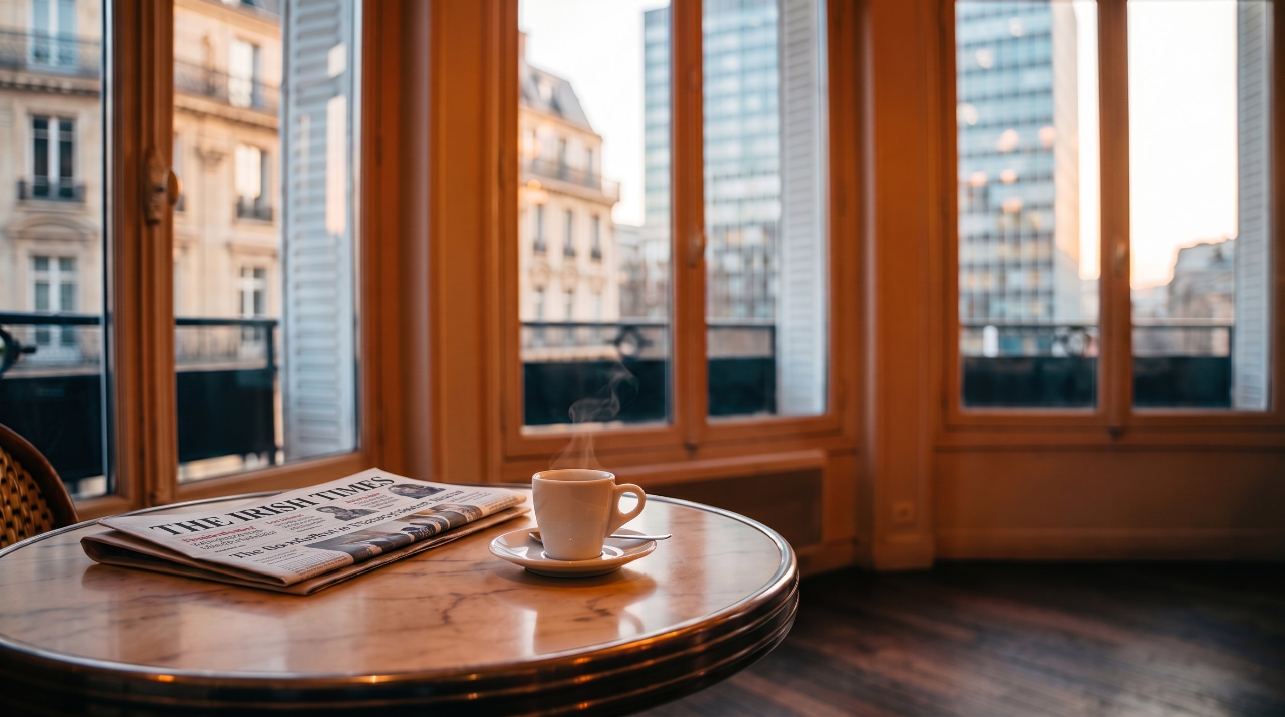 Tasse de café et exemplaire de l'Irish Times posés sur une table de café devant une fenêtre au lever du jour