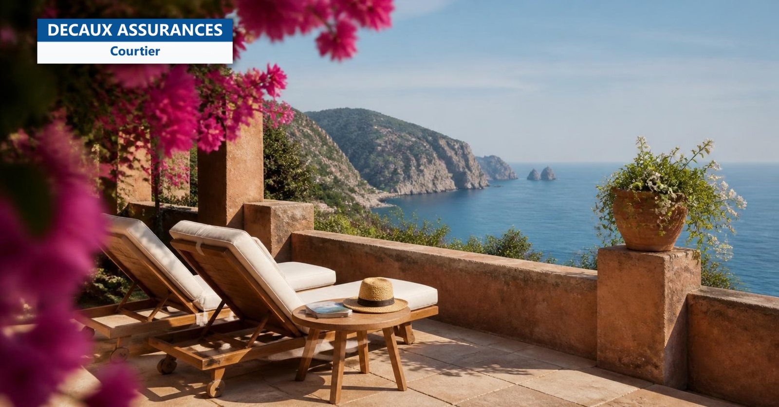 Terrasse de villa méditerranéenne avec transats, bougainvilliers et vue mer - Decaux Assurances