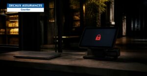 Comptoir de boutique la nuit avec terminal de paiement affichant un cadenas rouge - Decaux Assurances
