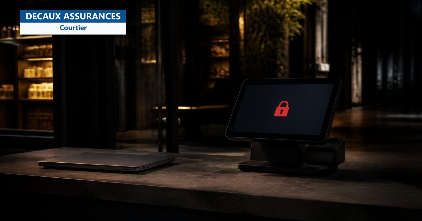 Comptoir de boutique la nuit avec terminal de paiement affichant un cadenas rouge - Decaux Assurances