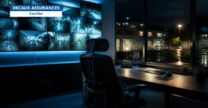 Salle de contrôle de sécurité privée avec murs d'écrans de vidéosurveillance - Decaux Assurances