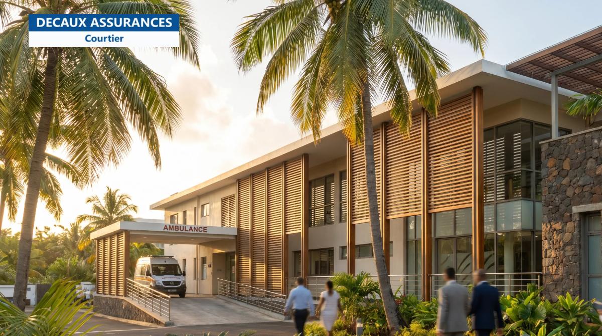 Clinique moderne entourée de palmiers à l’île Maurice — accès aux soins pour les expatriés français