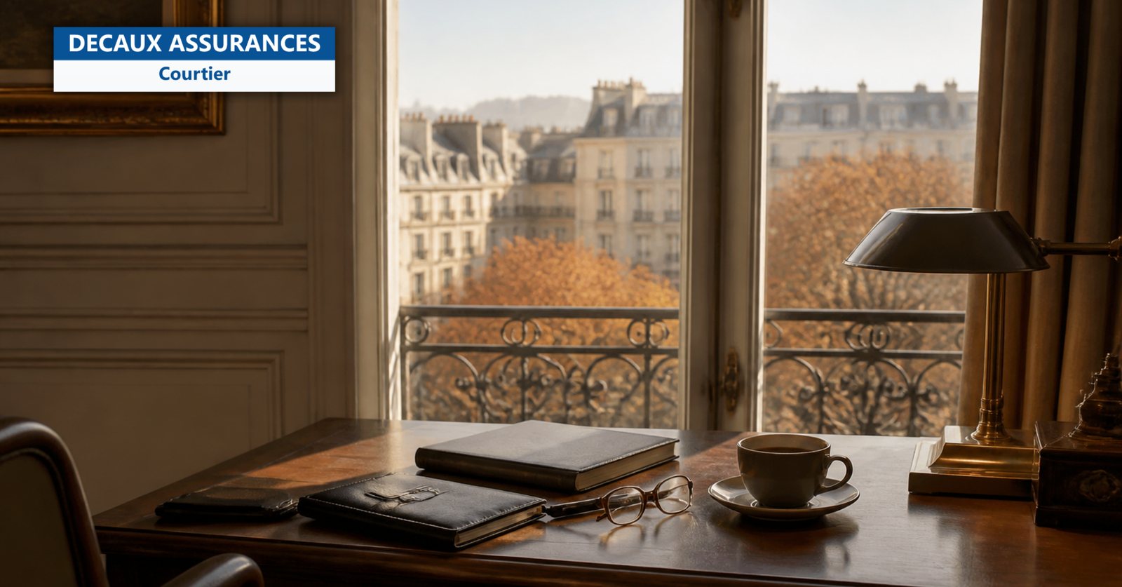 Bureau avec dossier et lunettes face à la ville - conseil en épargne - Decaux Assurances