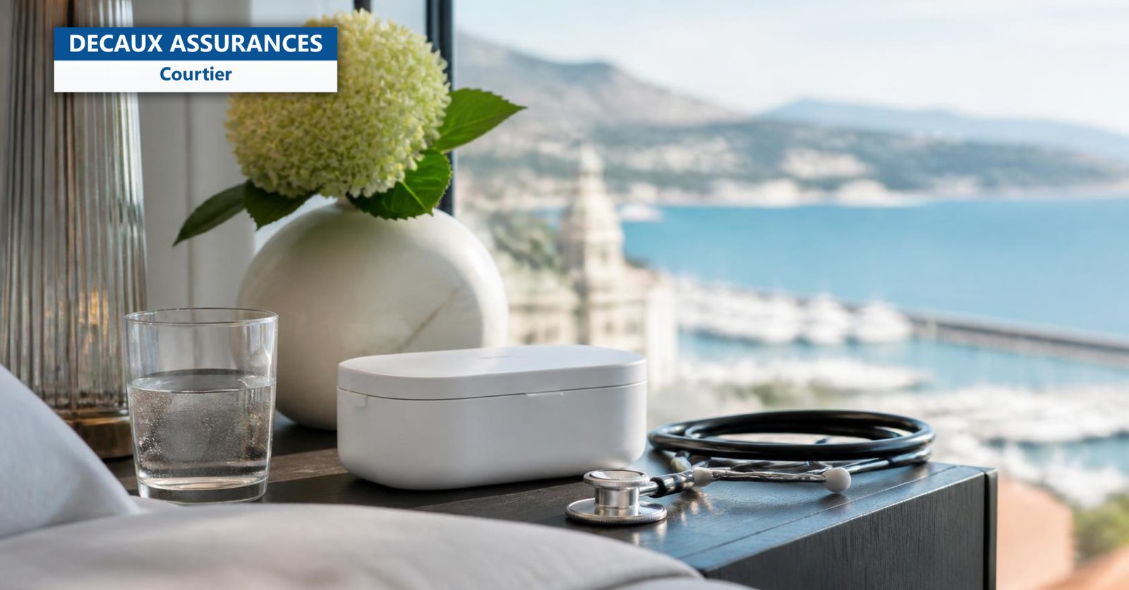 Table de chevet avec pilulier face à la mer - santé des expatriés et CFE - Decaux Assurances