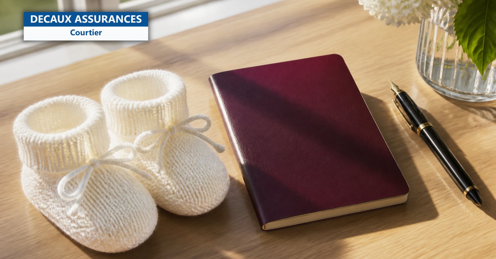 Chaussons de bébé et livret sur un bureau - naissance à l'étranger - Decaux Assurances