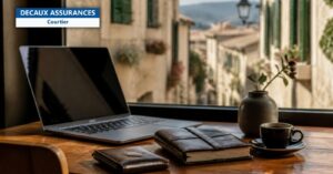 Ordinateur portable sur une table de café en Méditerranée - nomades, expatriés et assurance-vie - Decaux Assurances