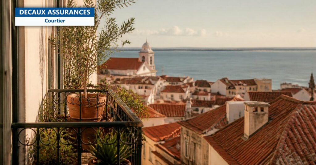 Toits de Lisbonne et le Tage depuis un balcon - expatriation au Portugal - Decaux Assurances