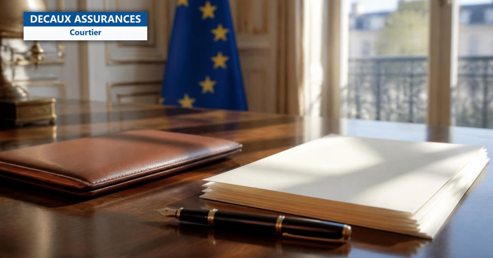 Bureau avec drapeau européen, porte-passeport et documents - sécurité sociale des détachés - Decaux Assurances