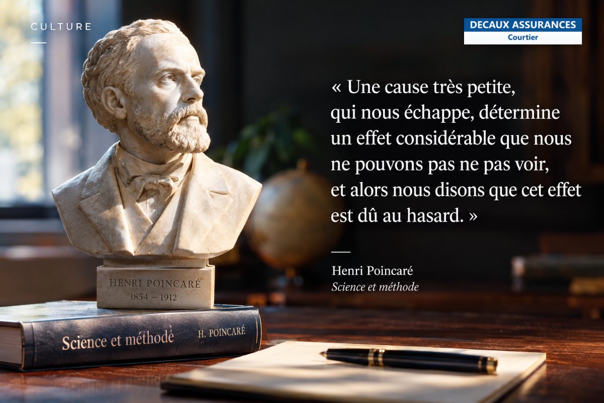 Buste en marbre d’Henri Poincaré posé sur l’ouvrage Science et méthode, à côté de la citation « Une cause très petite, qui nous échappe, détermine un effet considérable… » et du logo Decaux Assurances