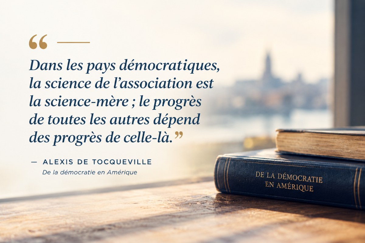 Citation d’Alexis de Tocqueville, « Dans les pays démocratiques, la science de l’association est la science-mère », à côté d’un exemplaire de De la démocratie en Amérique — Notre regard, Morning Café n°27