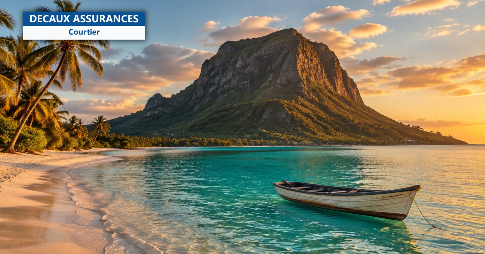 Le Morne Brabant et le lagon turquoise de l'île Maurice au coucher du soleil, sans personne - retraite et expatriation à l'île Maurice - Decaux Assurances